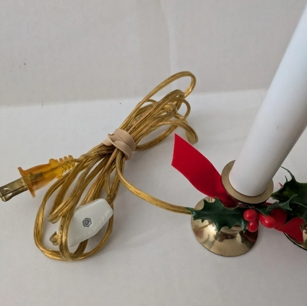 70's Brass Electric Faux Christmas Candlestick Window Lamp. Set of 2